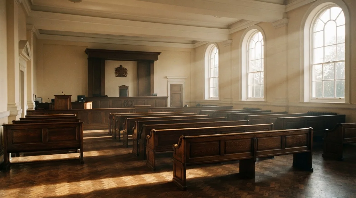 An empty courtroom with wooden benches in morning light