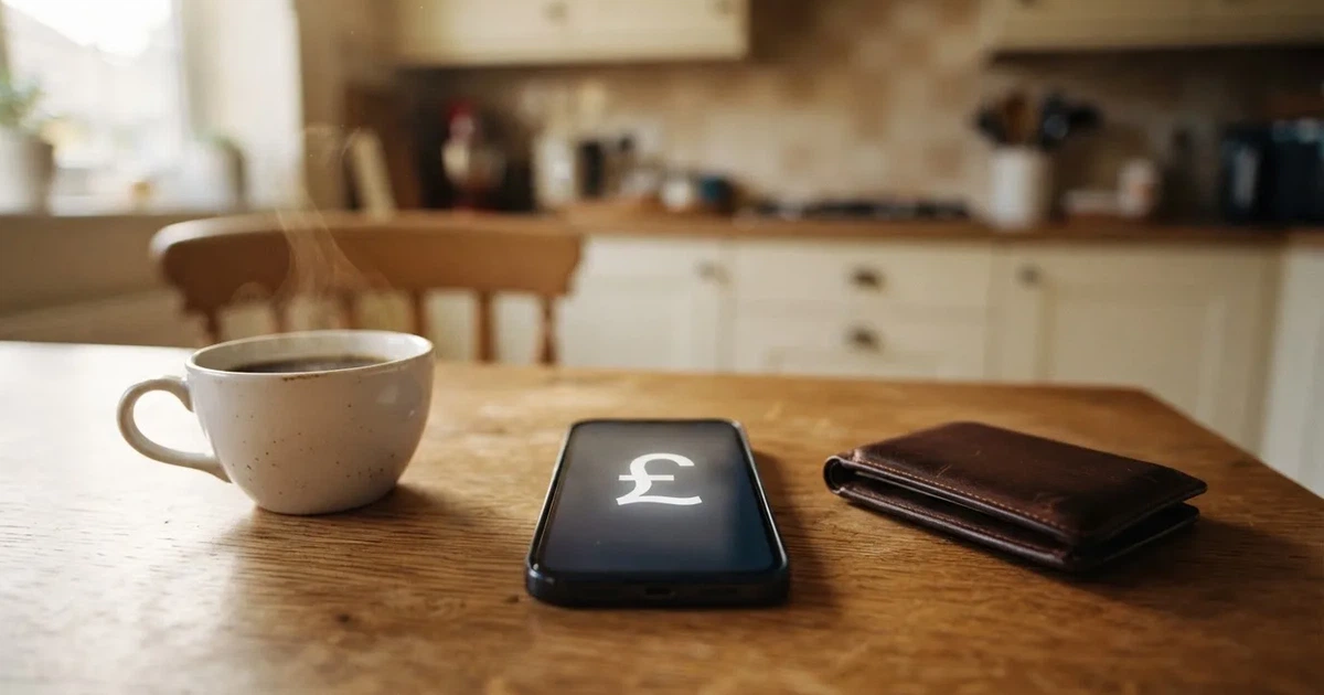 A smartphone on a wooden table beside a wallet and a coffee cup