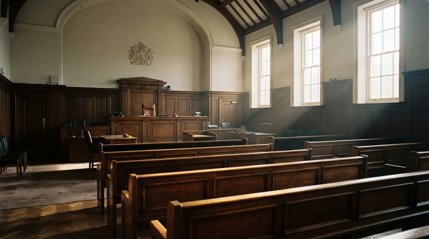 An empty courtroom with wooden benches in morning light