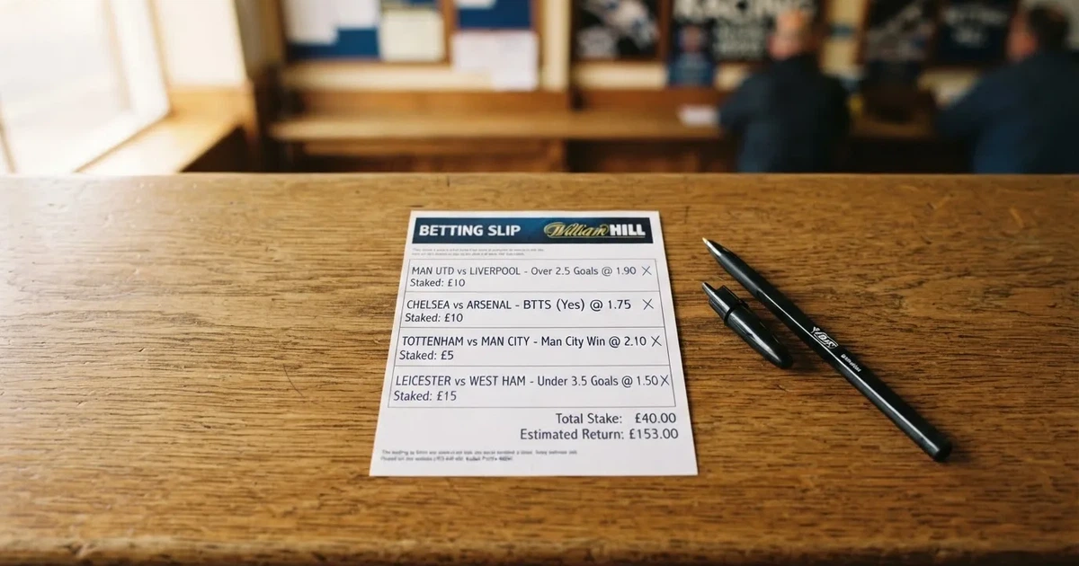 A blank paper betting slip beside a pen on a wooden counter