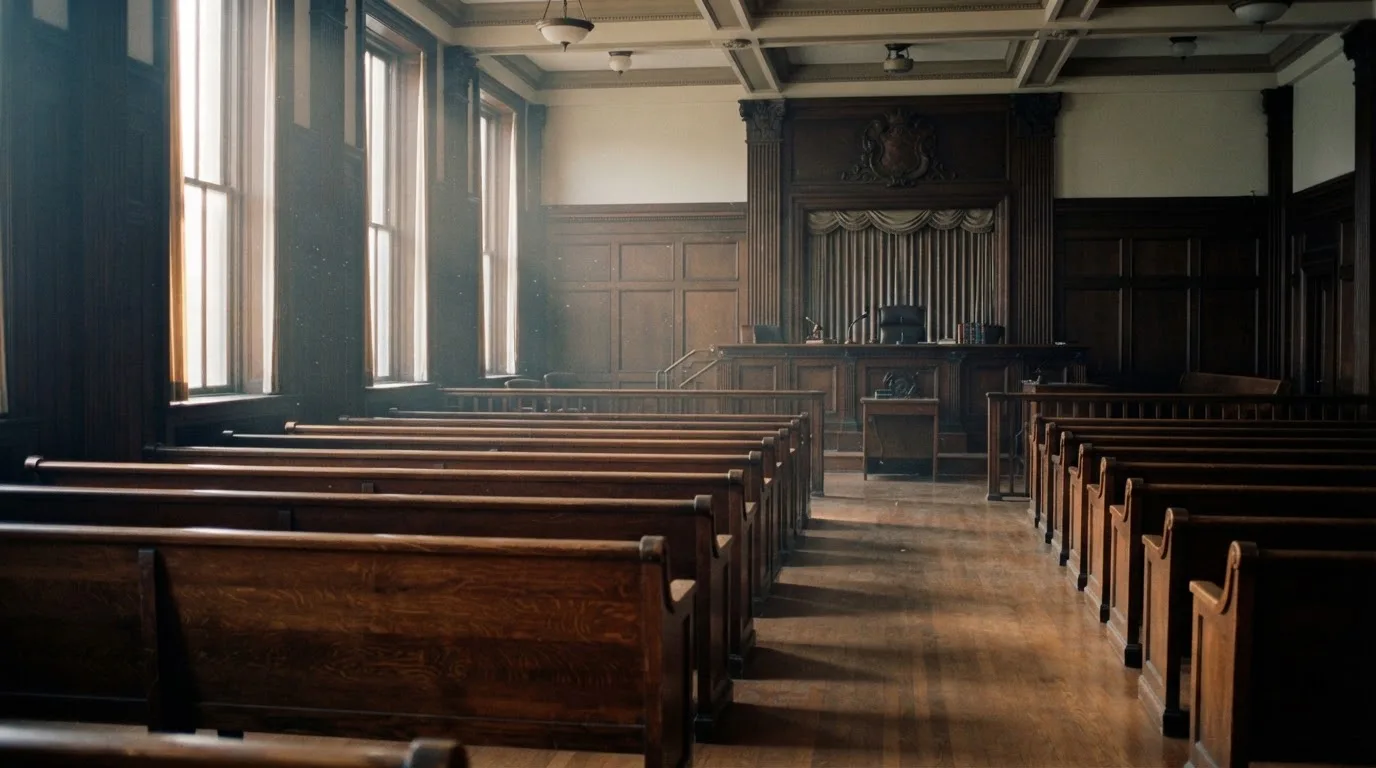 An empty courtroom with wooden benches in morning light