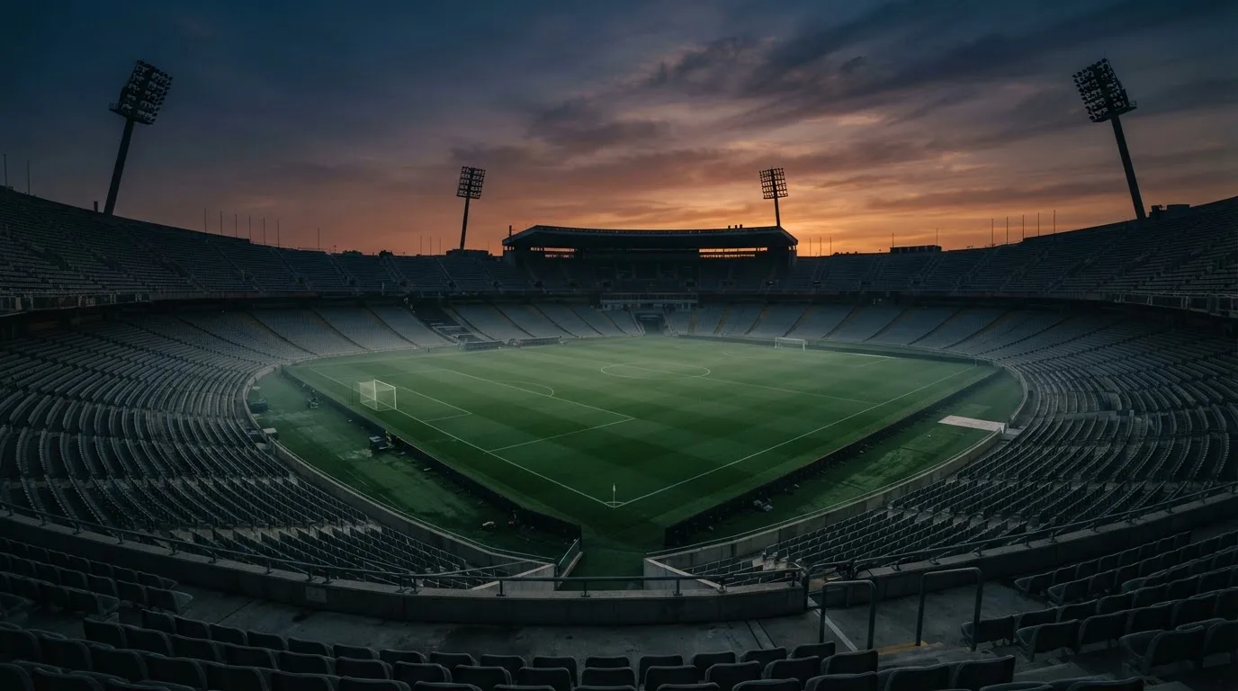 An empty football stadium with floodlight masts at dusk