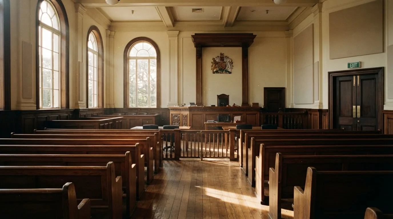 An empty courtroom with wooden benches in morning light
