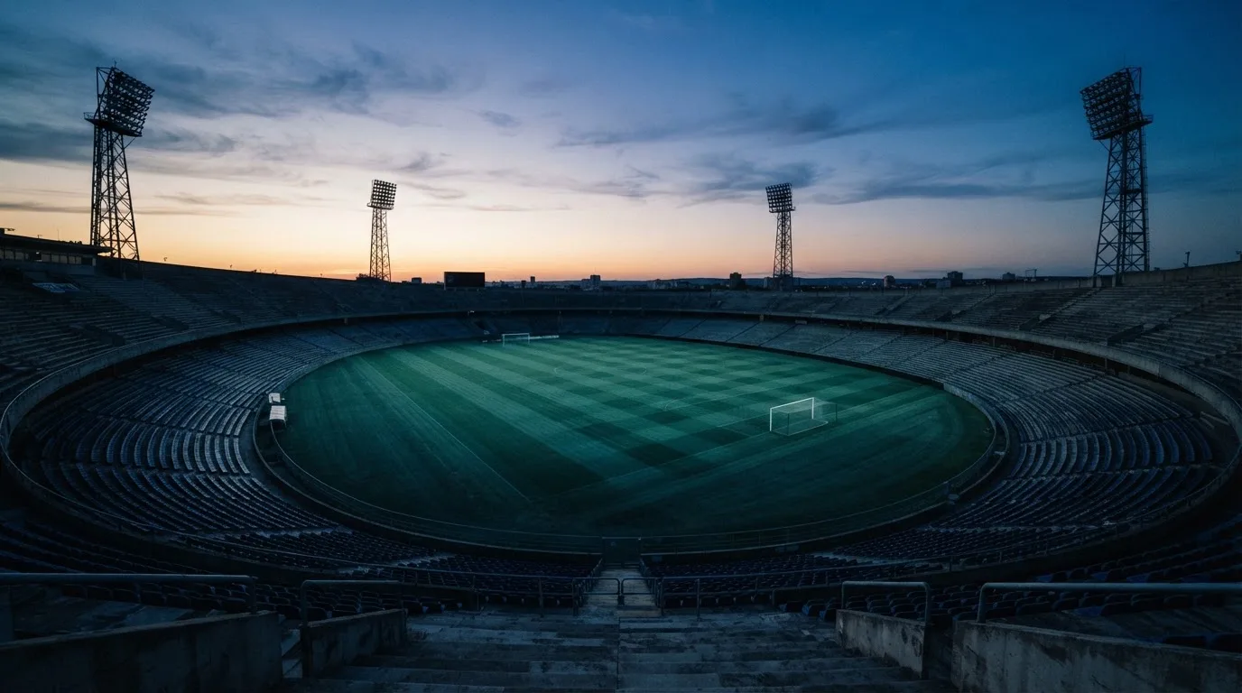 An empty football stadium with floodlight masts at dusk