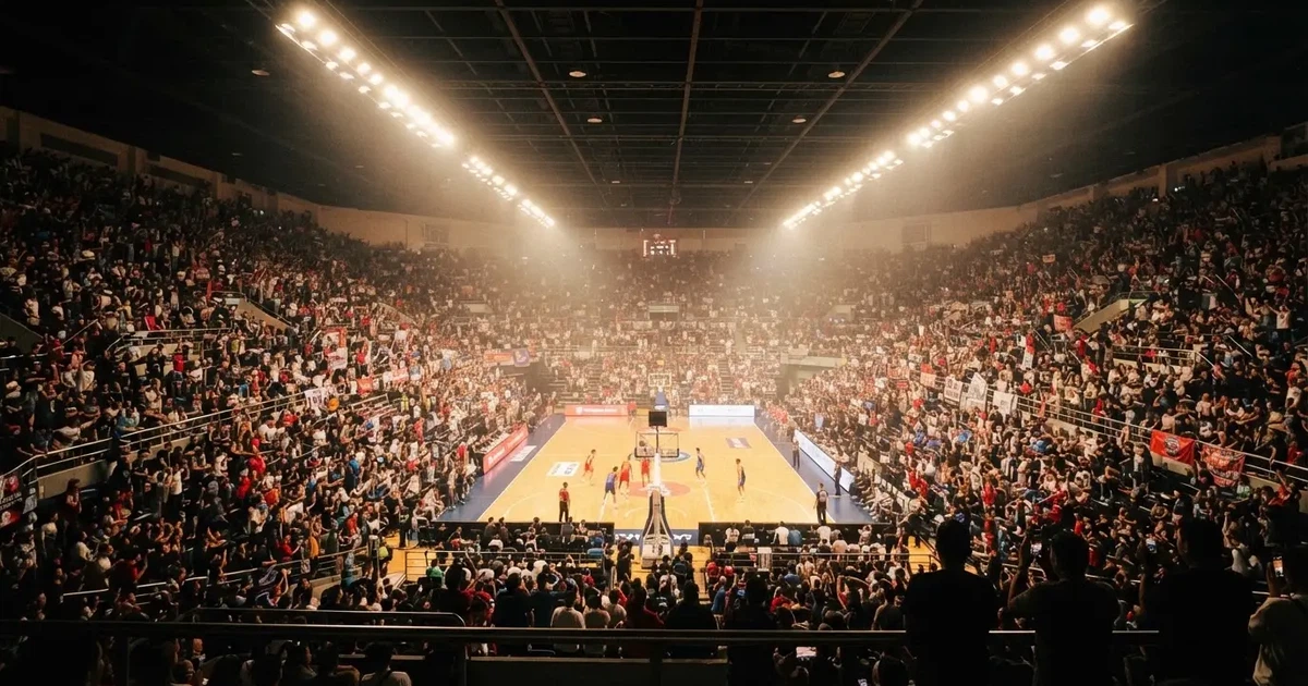 A packed sports hall under floodlights photographed from a long way off