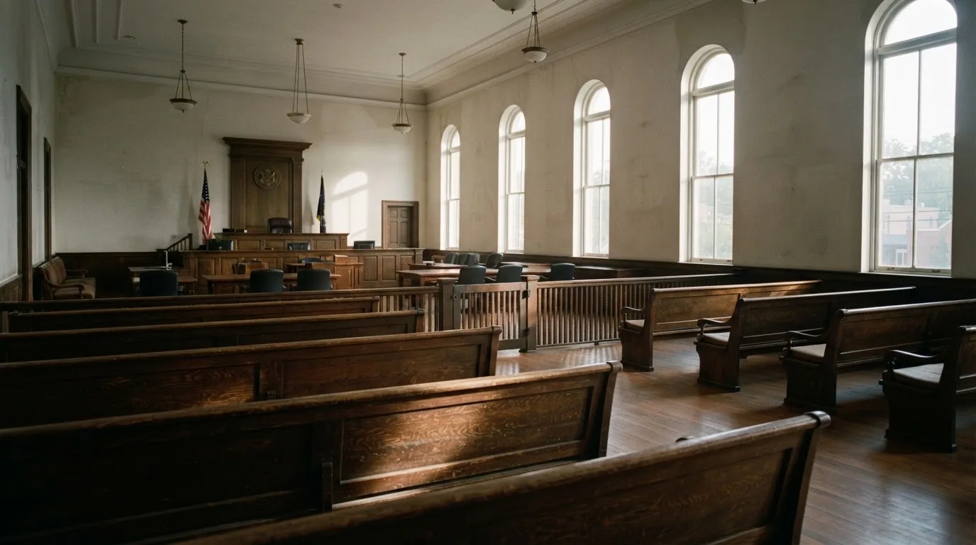 An empty courtroom with wooden benches in morning light