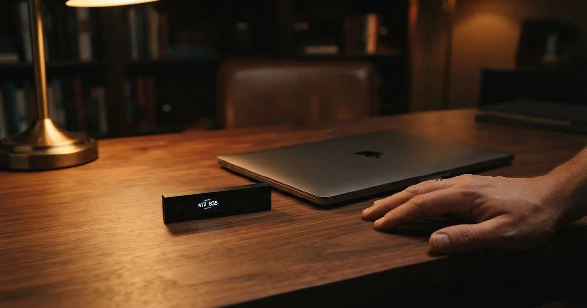 A hardware wallet and a closed laptop on a desk in dim light