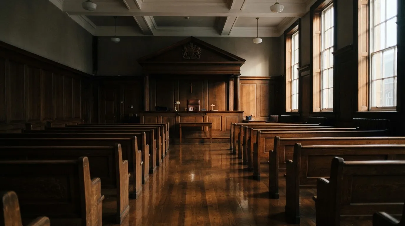 An empty courtroom with wooden benches in morning light