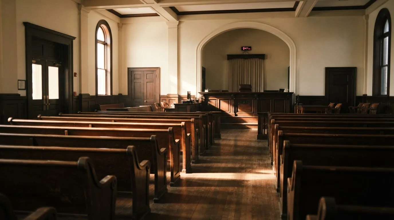 An empty courtroom with wooden benches in morning light
