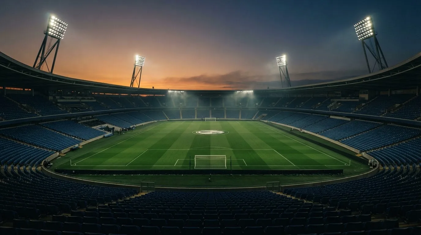 An empty football stadium with floodlight masts at dusk
