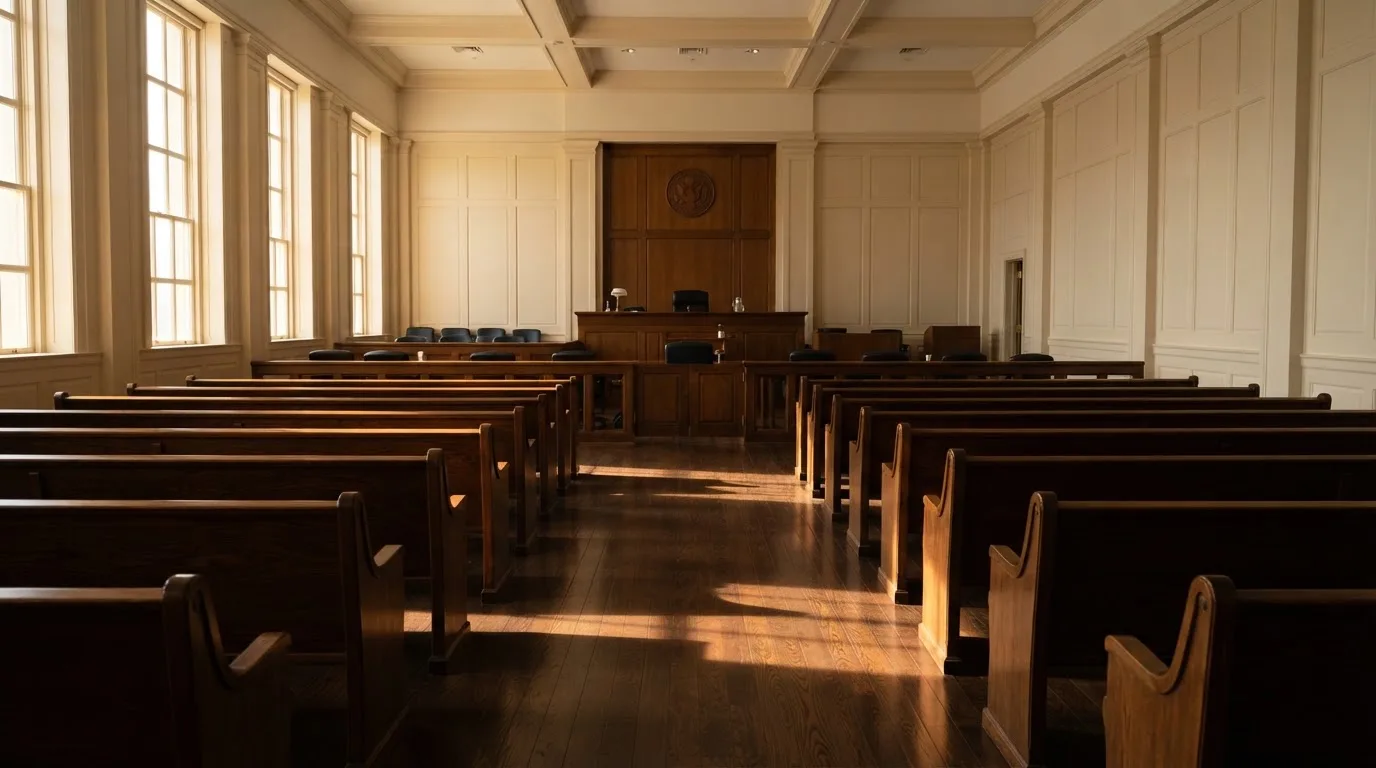 An empty courtroom with wooden benches in morning light