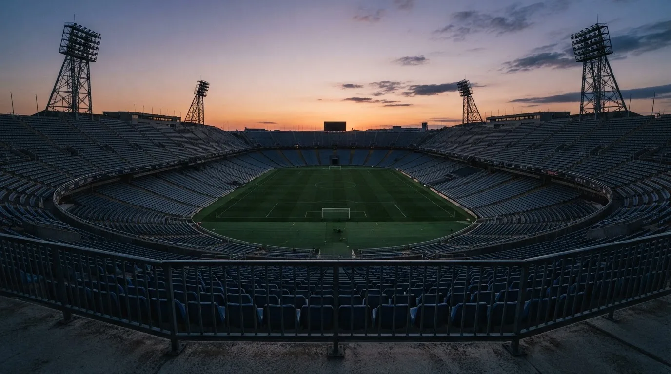An empty football stadium with floodlight masts at dusk