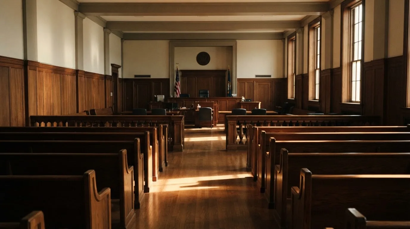 An empty courtroom with wooden benches in morning light