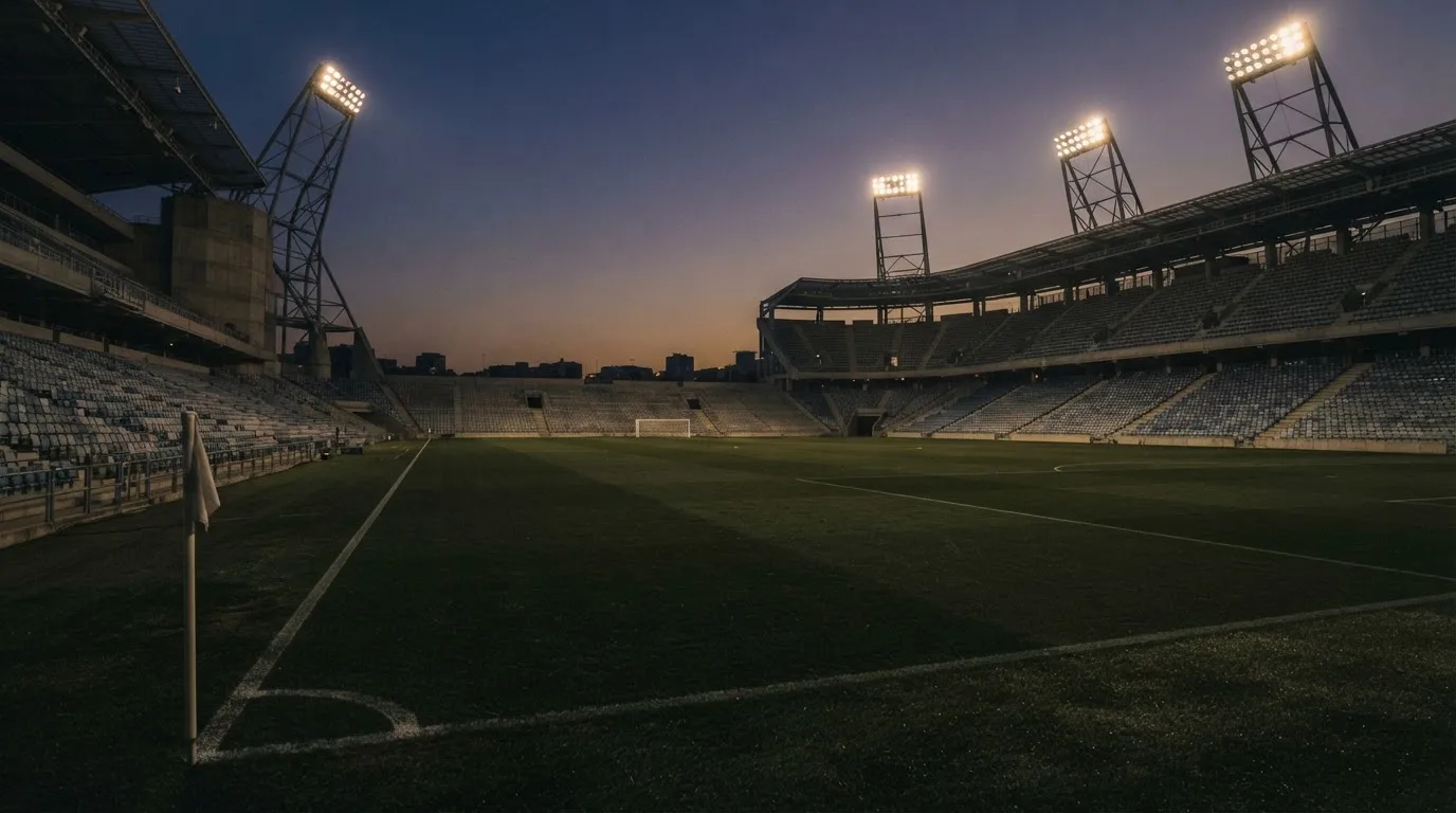 An empty football stadium with floodlight masts at dusk