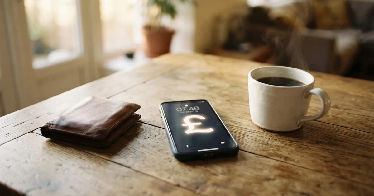 A smartphone on a wooden table beside a wallet and a coffee cup