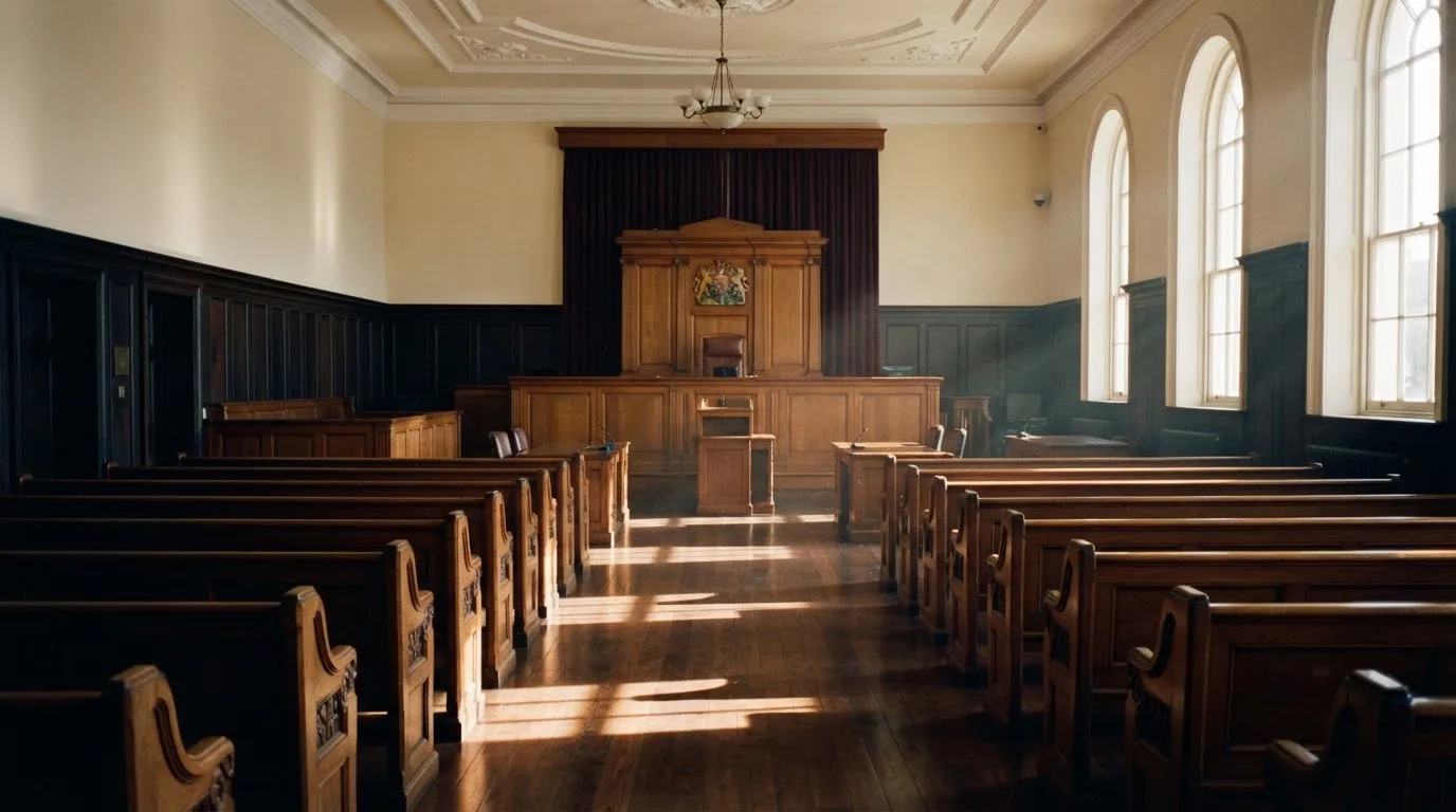 An empty courtroom with wooden benches in morning light