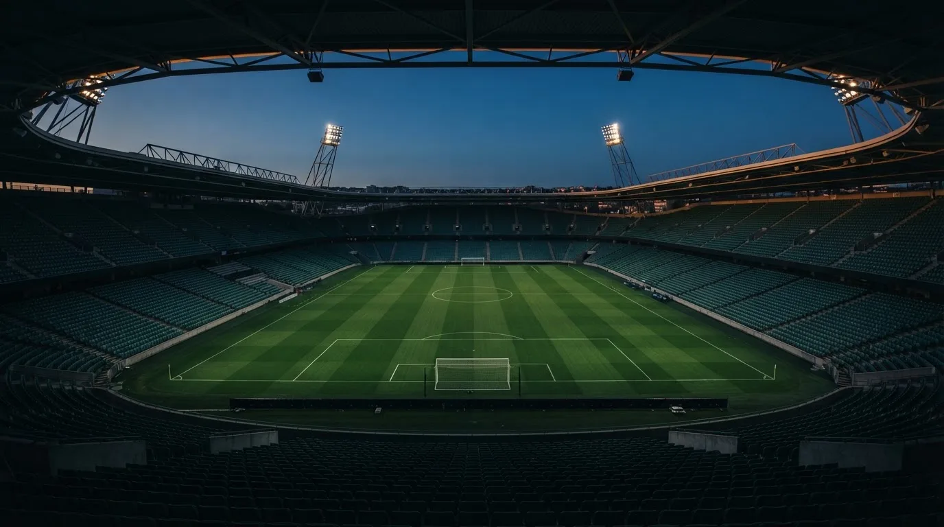 An empty football stadium with floodlight masts at dusk