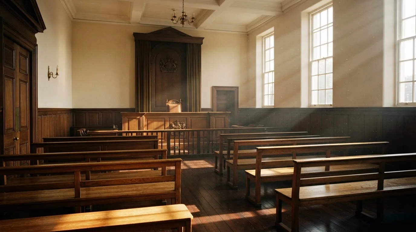 An empty courtroom with wooden benches in morning light