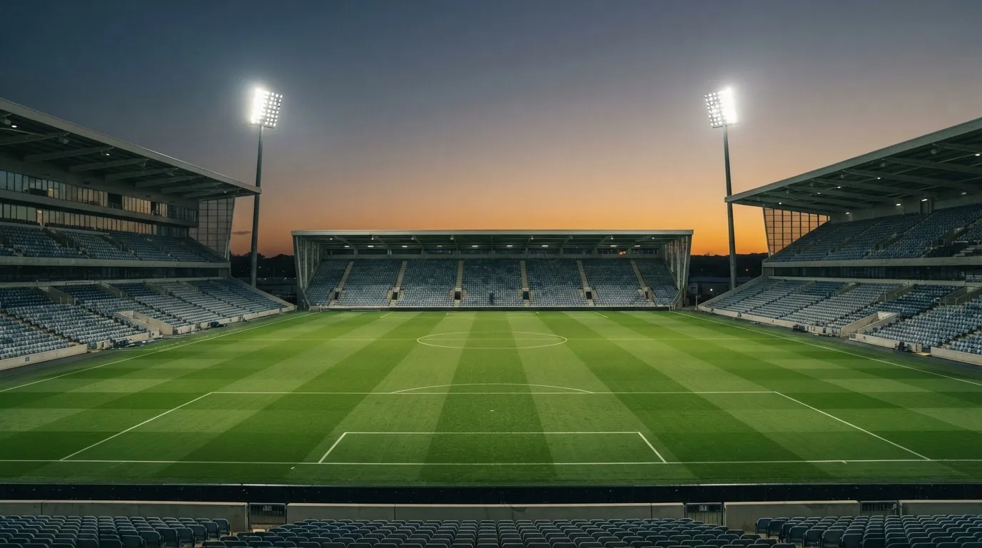 An empty football stadium with floodlight masts at dusk