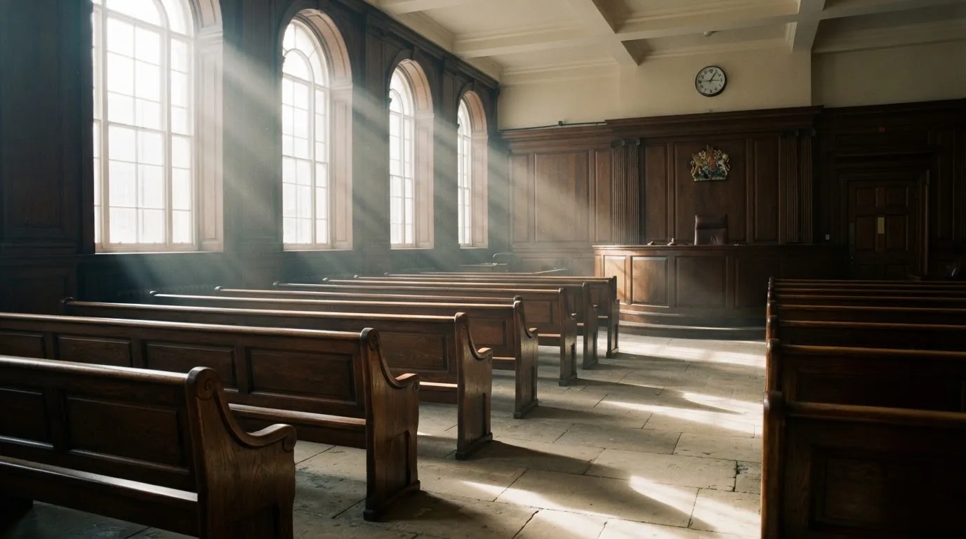 An empty courtroom with wooden benches in morning light