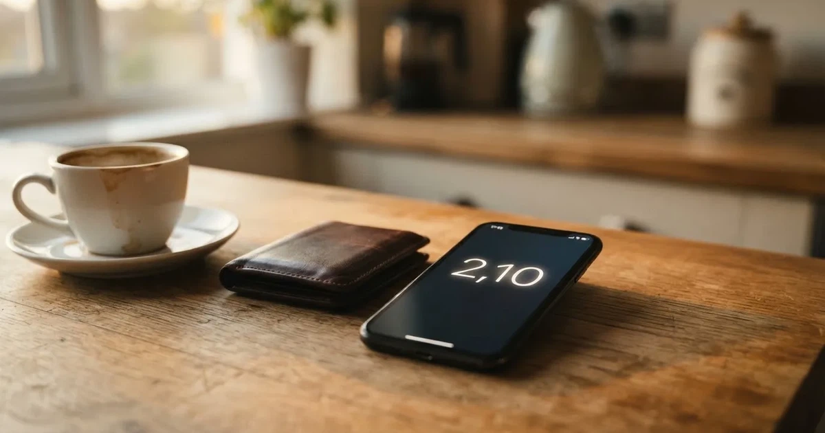 A smartphone on a wooden table beside a wallet and a coffee cup