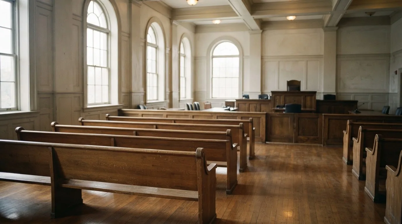 An empty courtroom with wooden benches in morning light