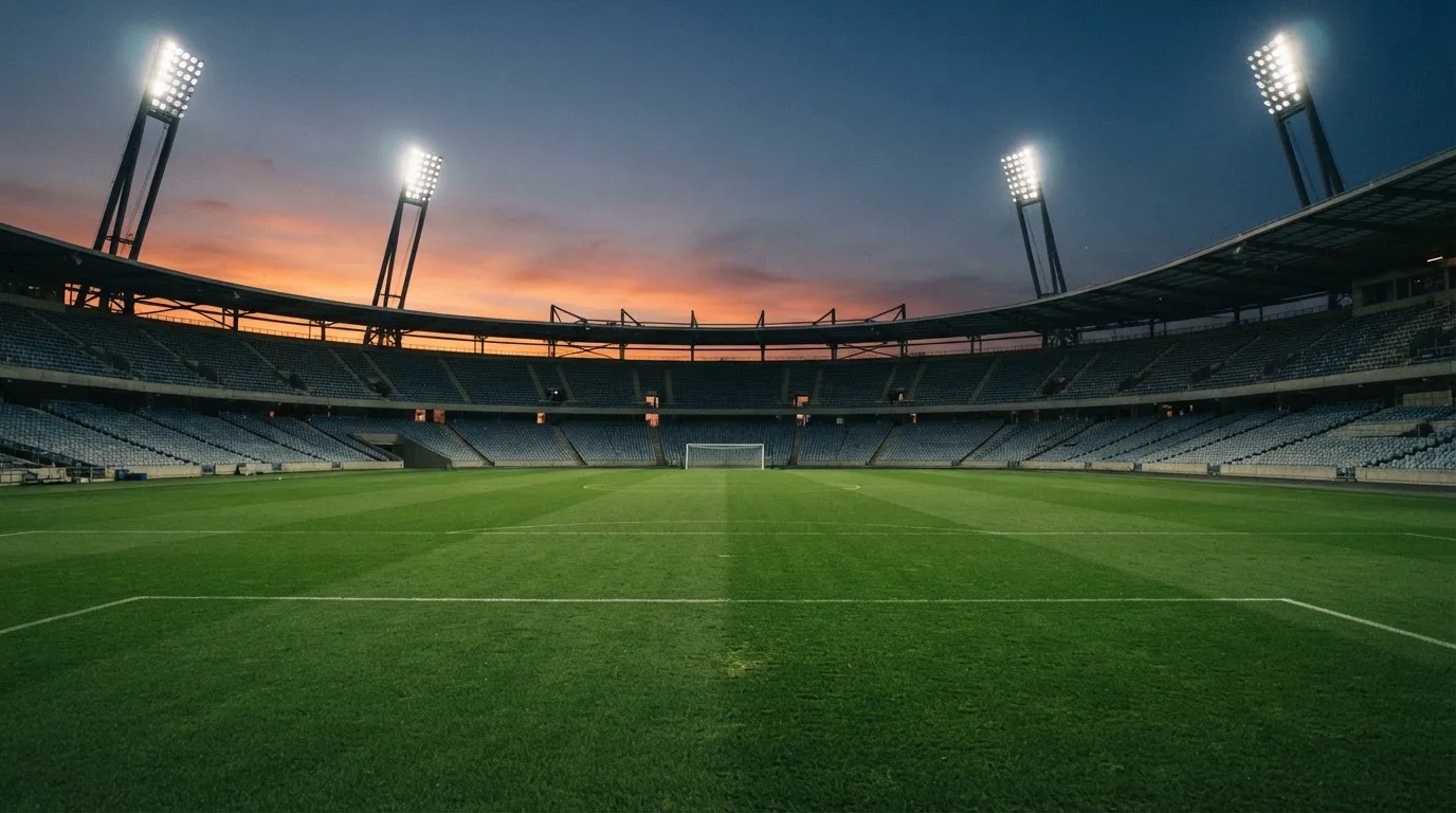 An empty football stadium with floodlight masts at dusk