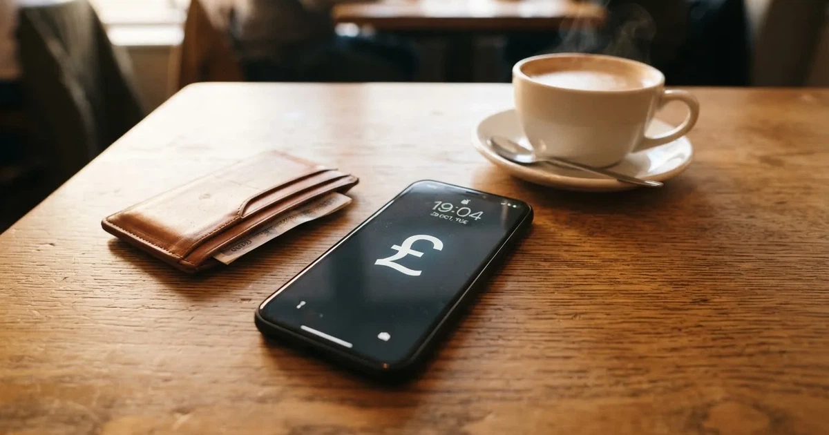 A smartphone on a wooden table beside a wallet and a coffee cup
