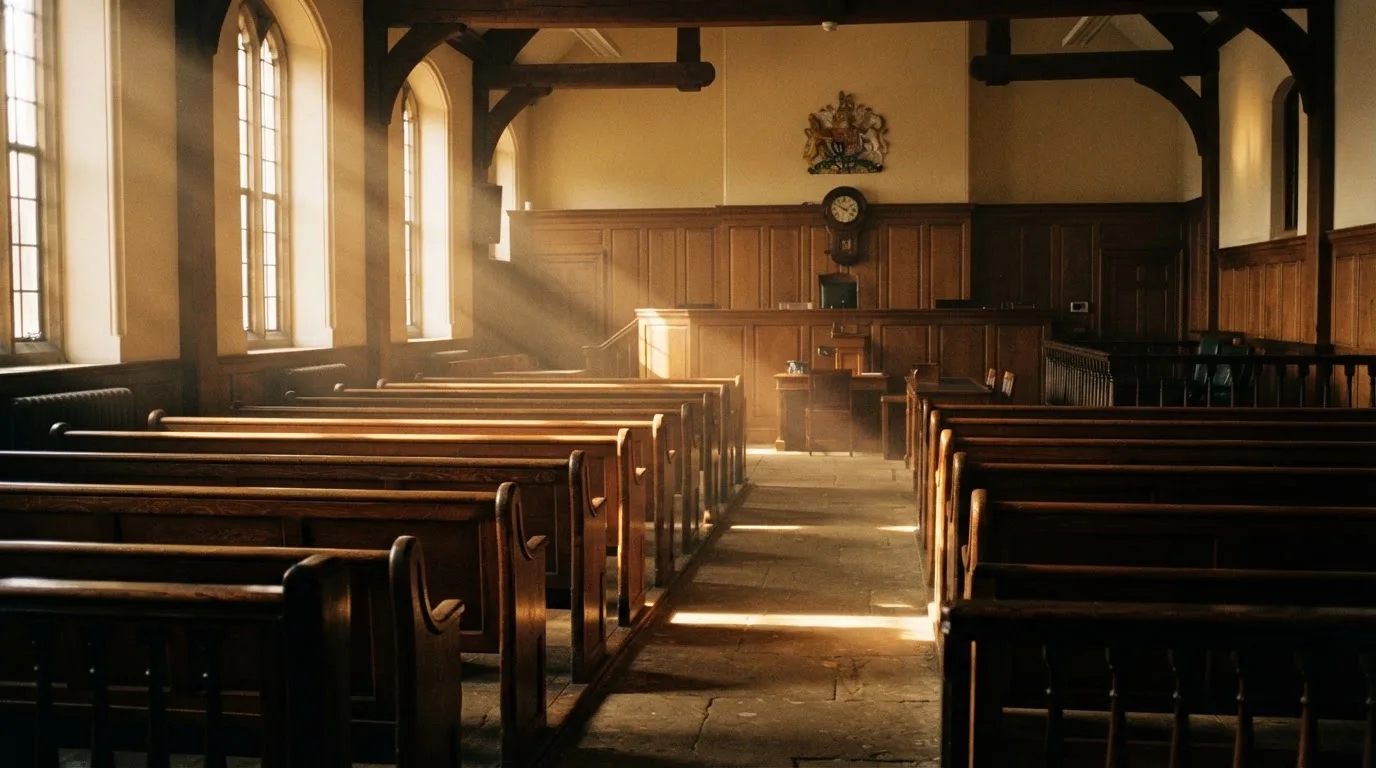 An empty courtroom with wooden benches in morning light