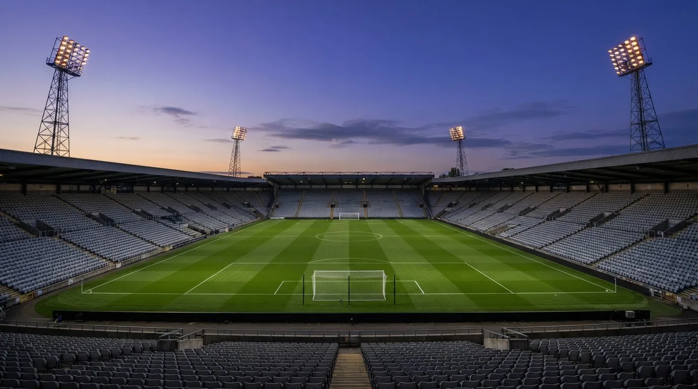 An empty football stadium with floodlight masts at dusk