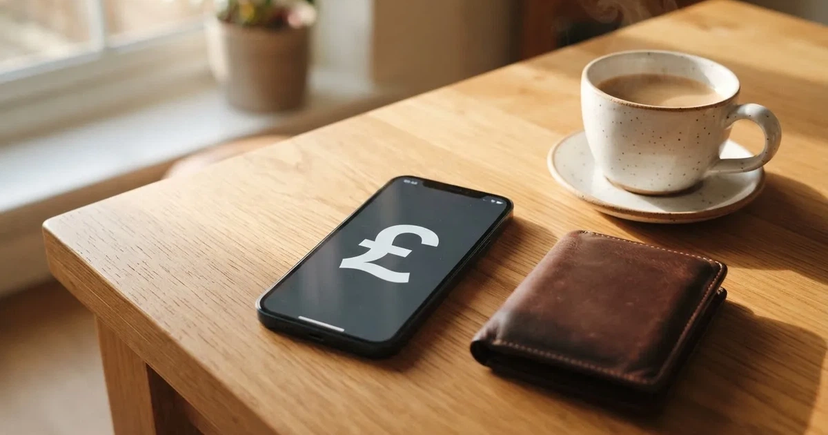 A smartphone on a wooden table beside a wallet and a coffee cup