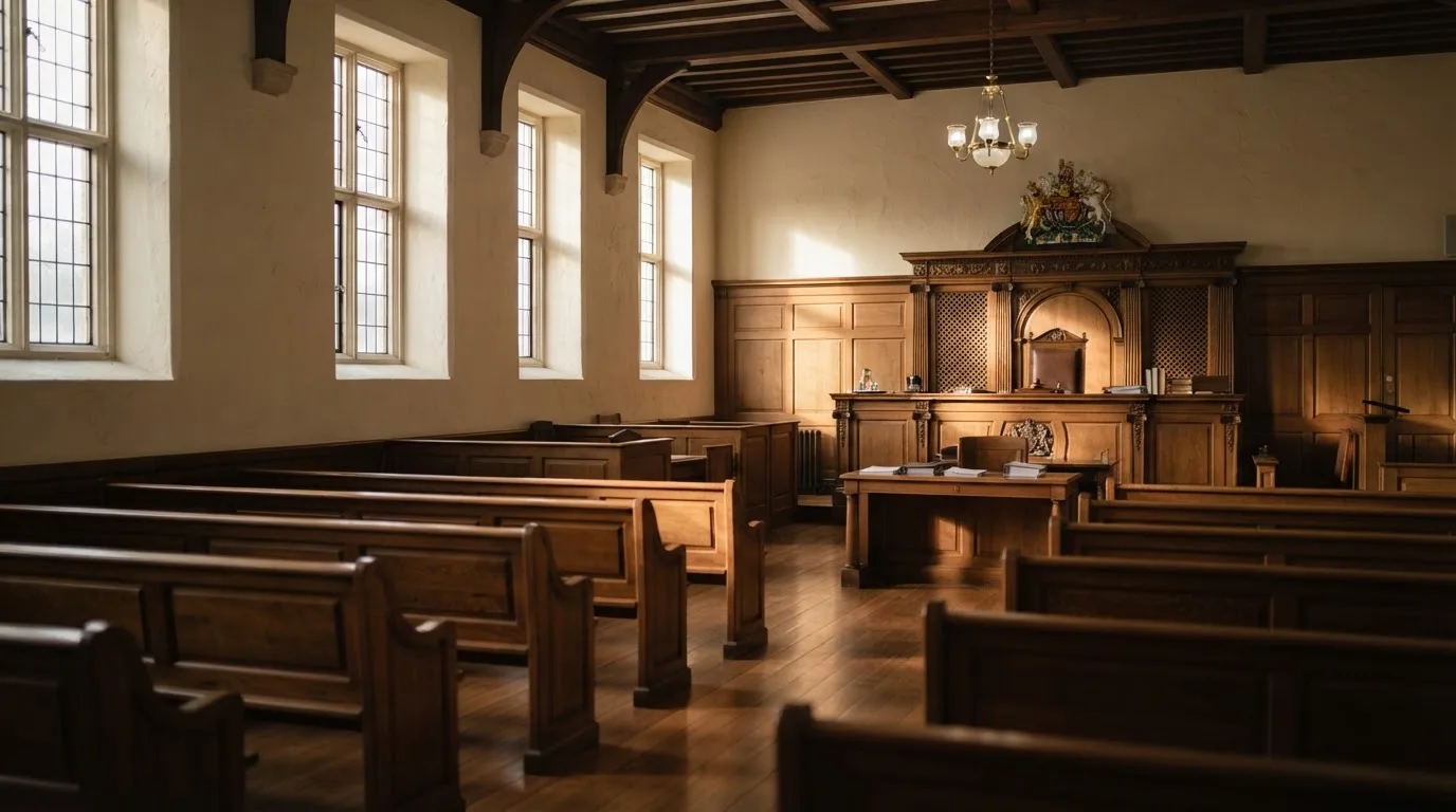 An empty courtroom with wooden benches in morning light