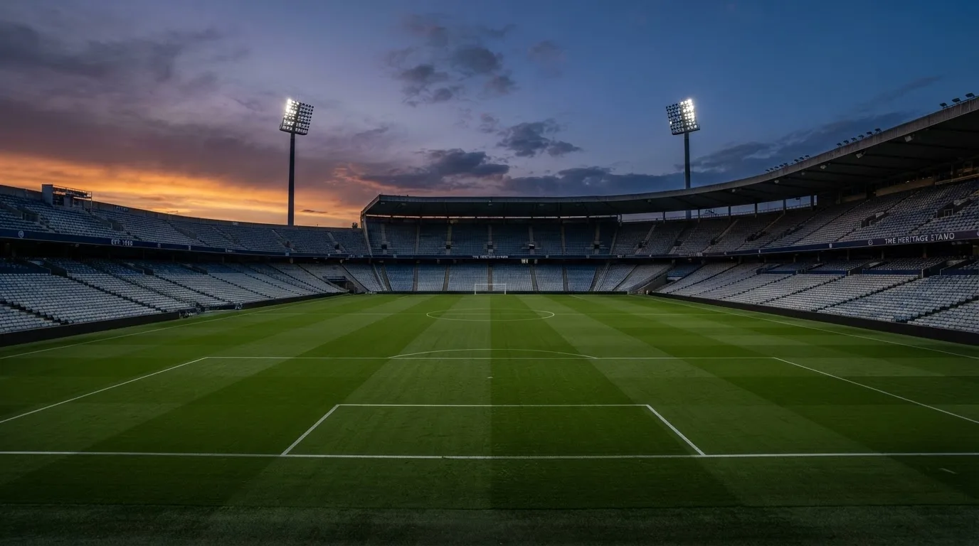 An empty football stadium with floodlight masts at dusk