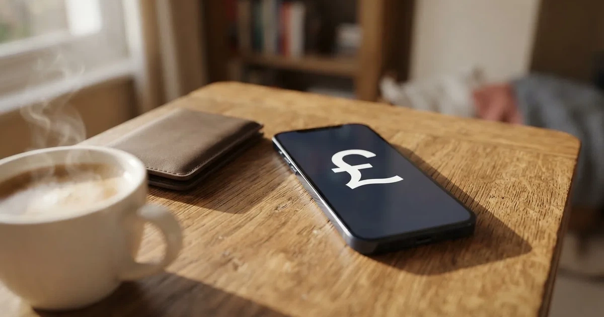 A smartphone on a wooden table beside a wallet and a coffee cup