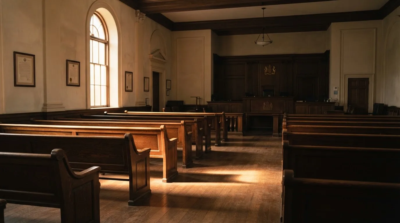An empty courtroom with wooden benches in morning light