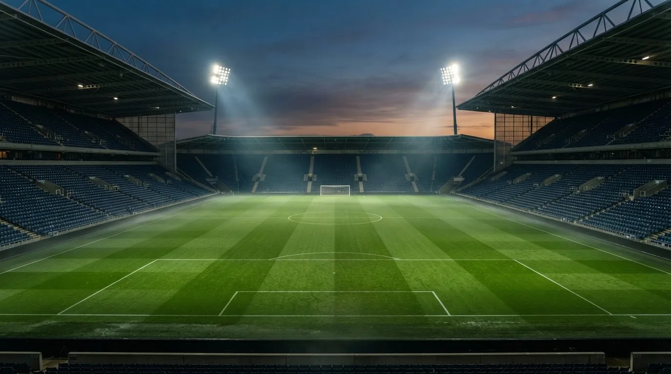 An empty football stadium with floodlight masts at dusk