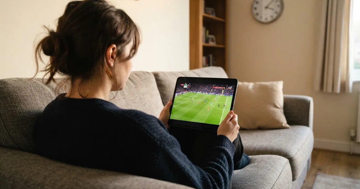 A person on a sofa looking thoughtfully at a tablet, a wall clock in the background