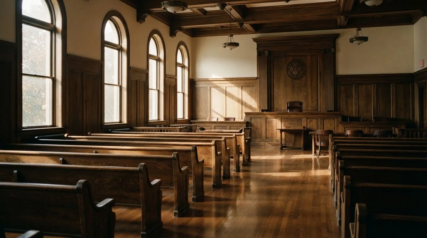 An empty courtroom with wooden benches in morning light