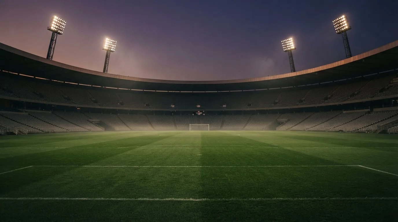 An empty football stadium with floodlight masts at dusk