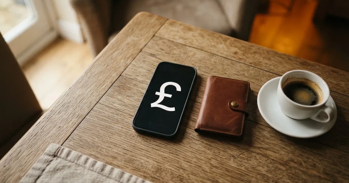 A smartphone on a wooden table beside a wallet and a coffee cup