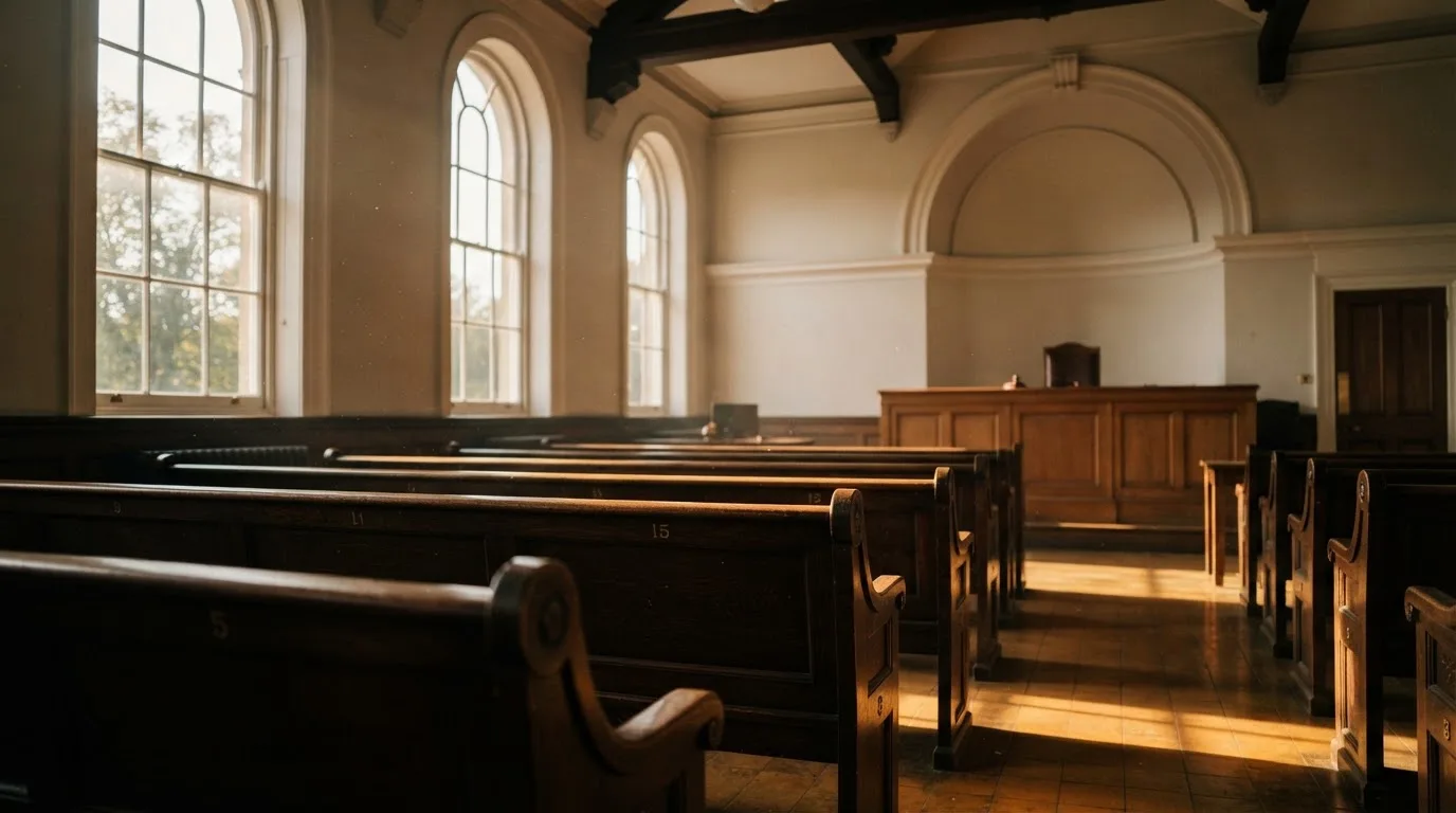 An empty courtroom with wooden benches in morning light