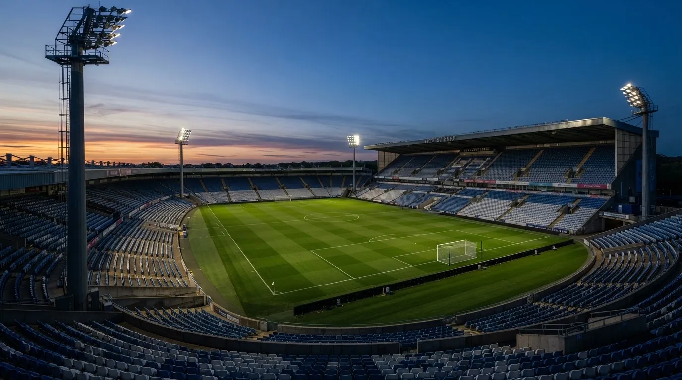 An empty football stadium with floodlight masts at dusk