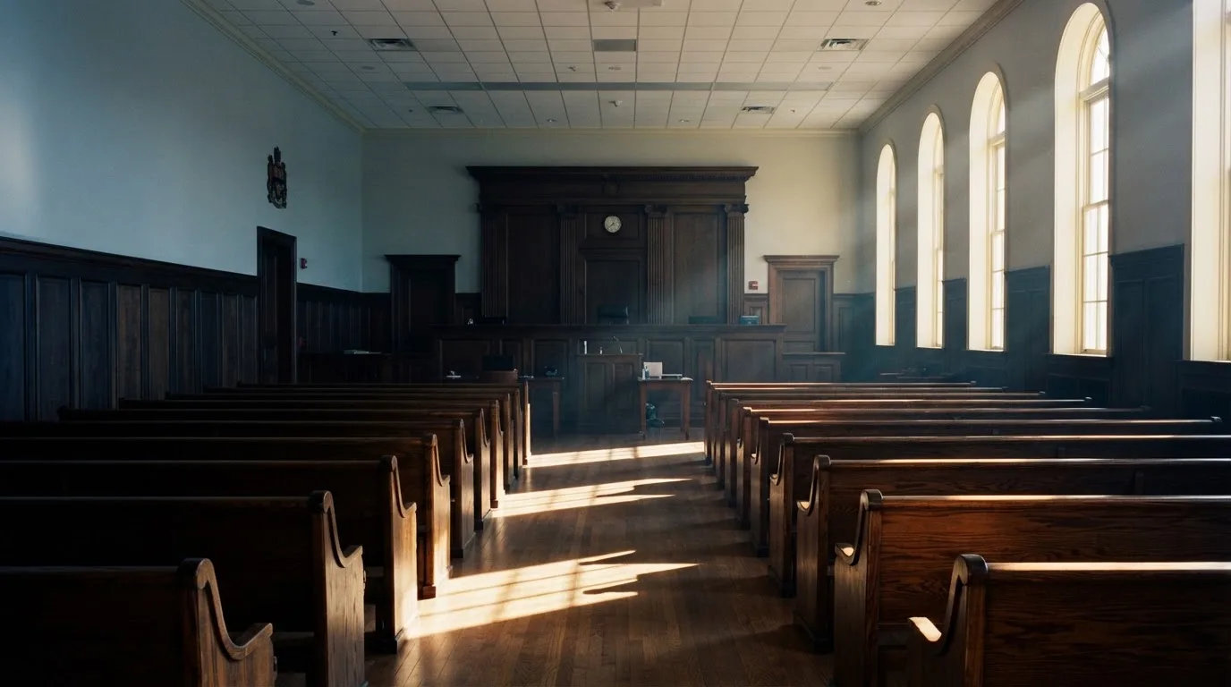 An empty courtroom with wooden benches in morning light