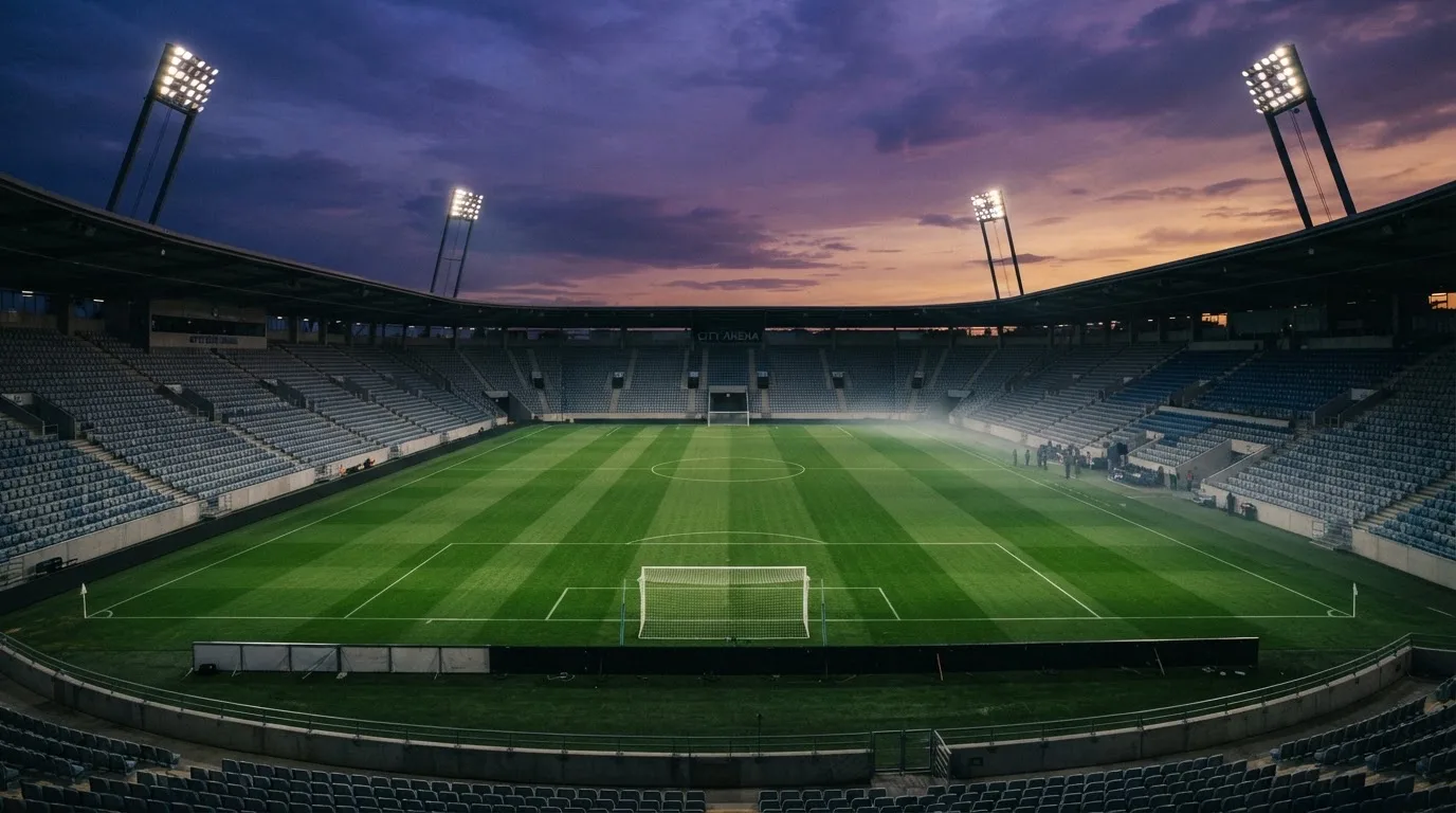 An empty football stadium with floodlight masts at dusk