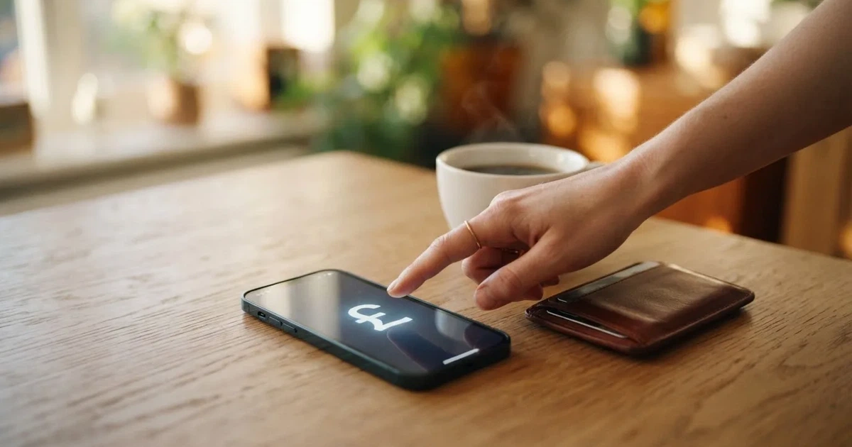 A smartphone on a wooden table beside a wallet and a coffee cup