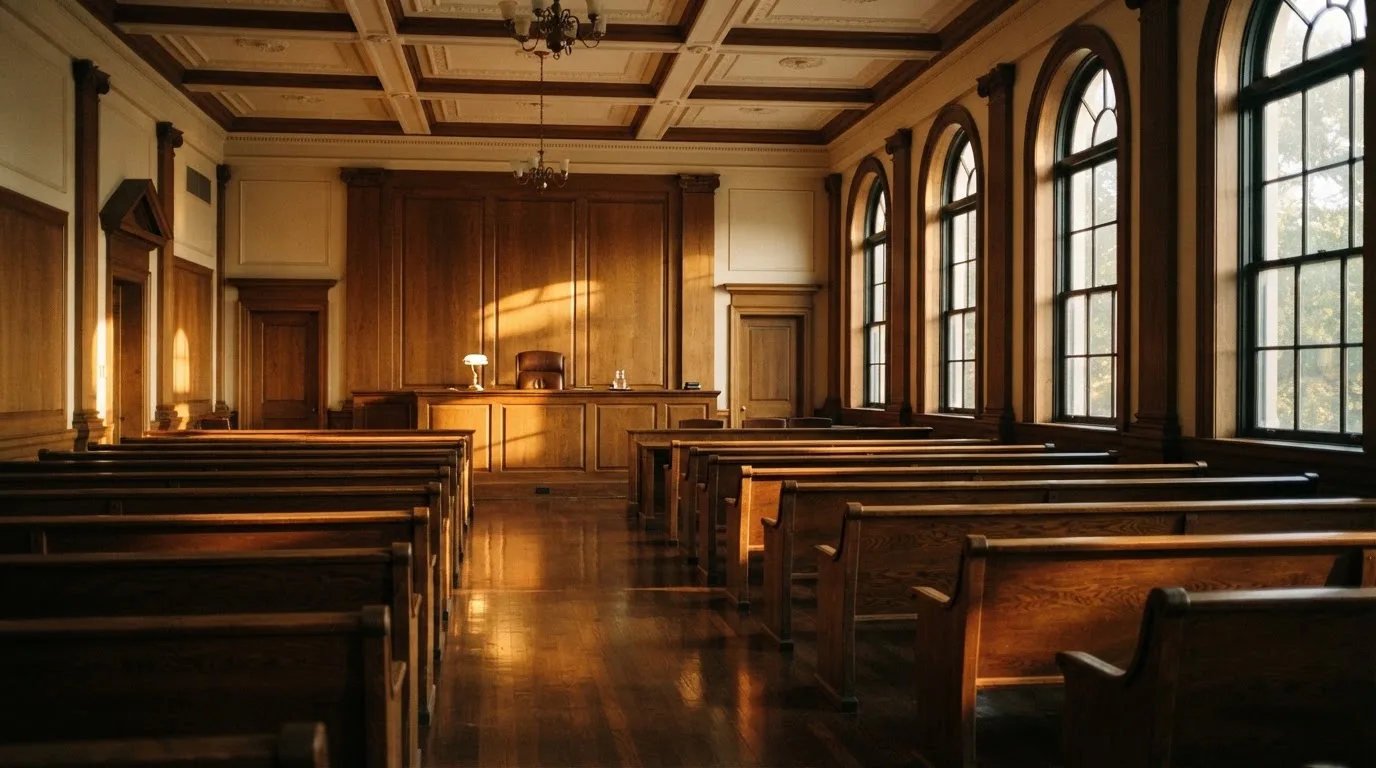 An empty courtroom with wooden benches in morning light