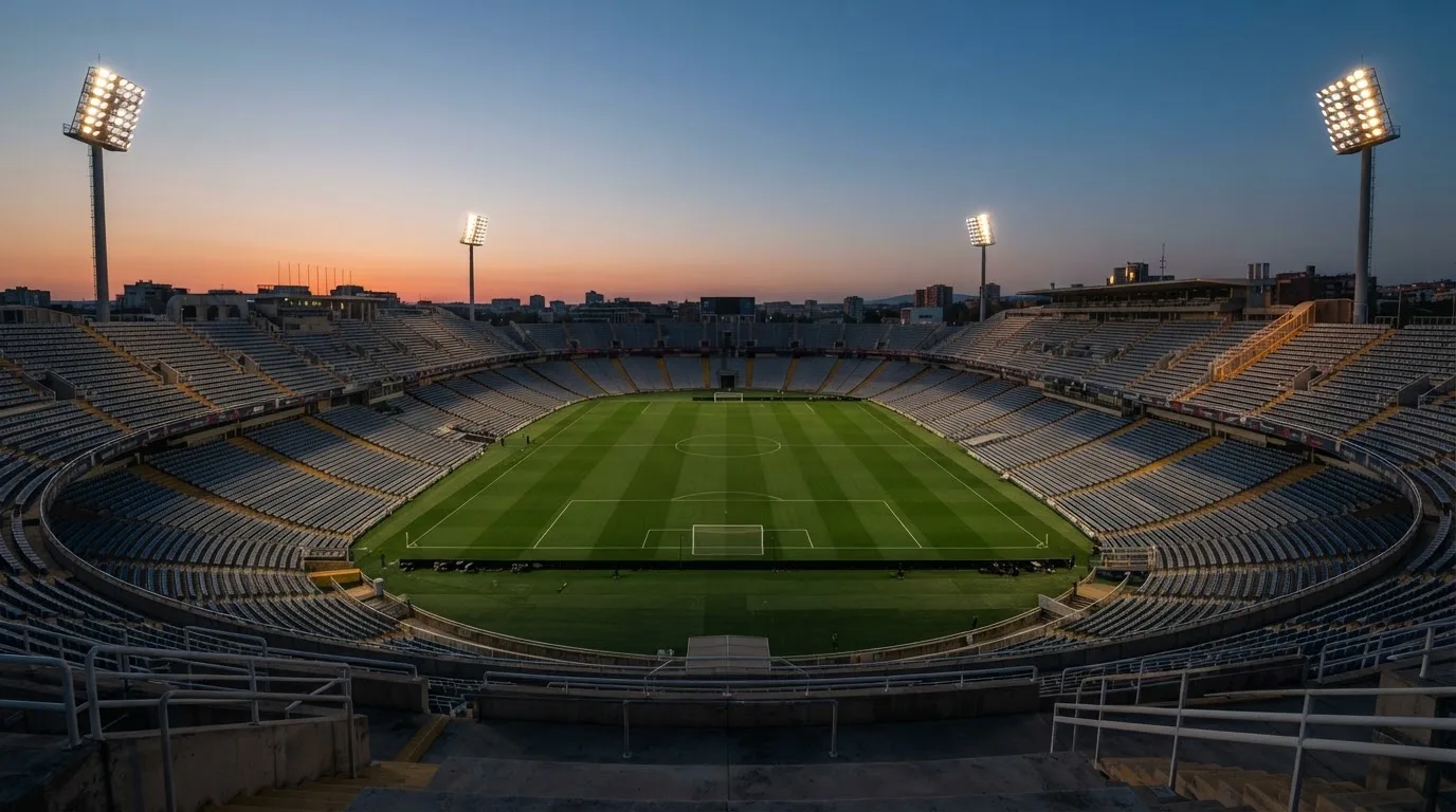 An empty football stadium with floodlight masts at dusk