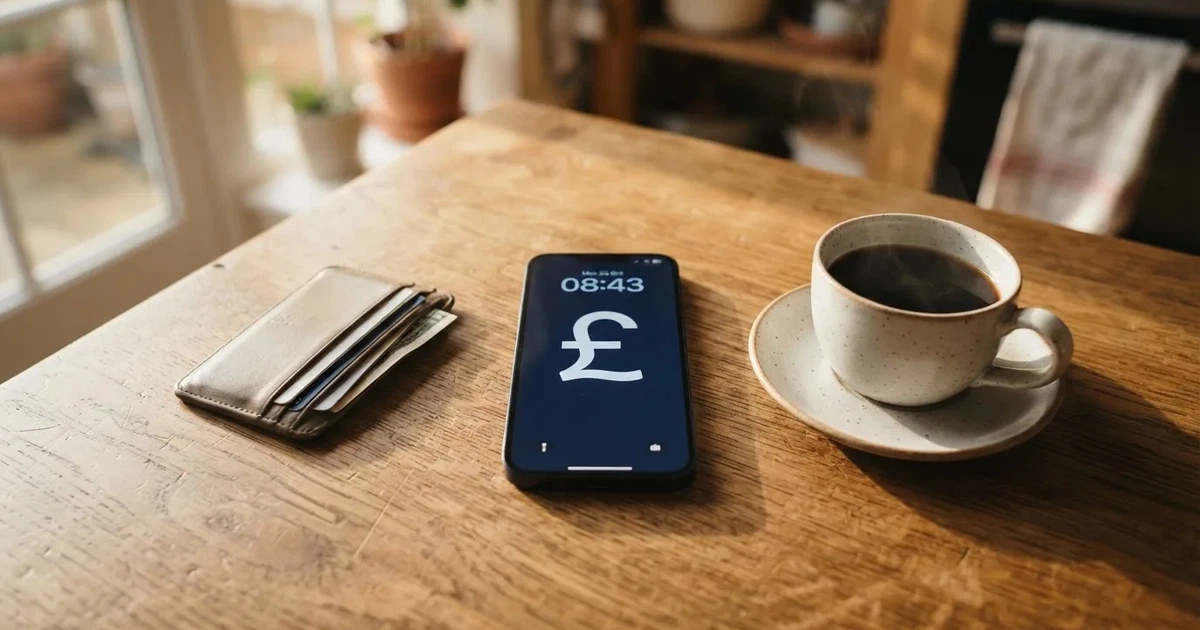 A smartphone on a wooden table beside a wallet and a coffee cup