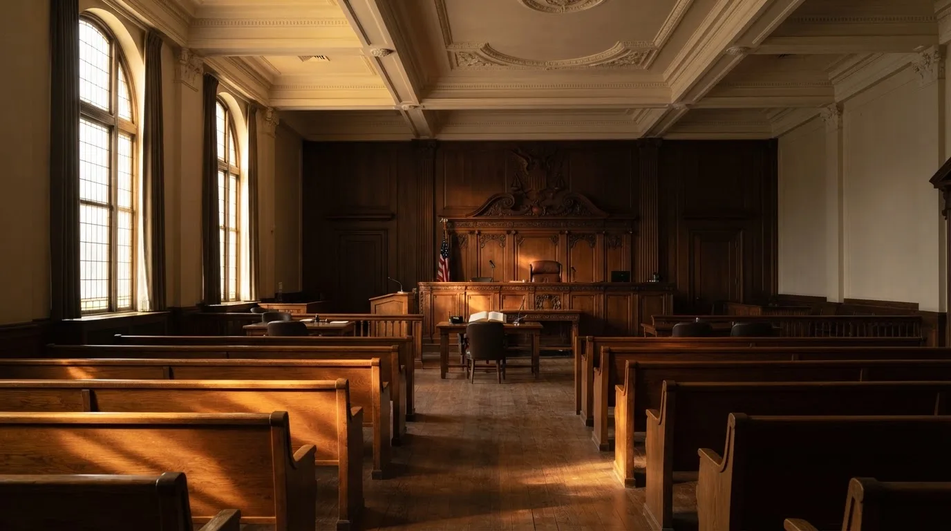 An empty courtroom with wooden benches in morning light