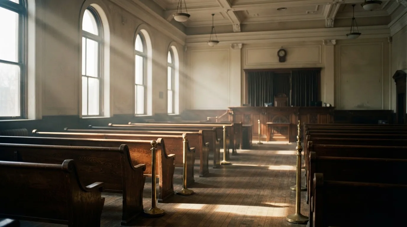 An empty courtroom with wooden benches in morning light